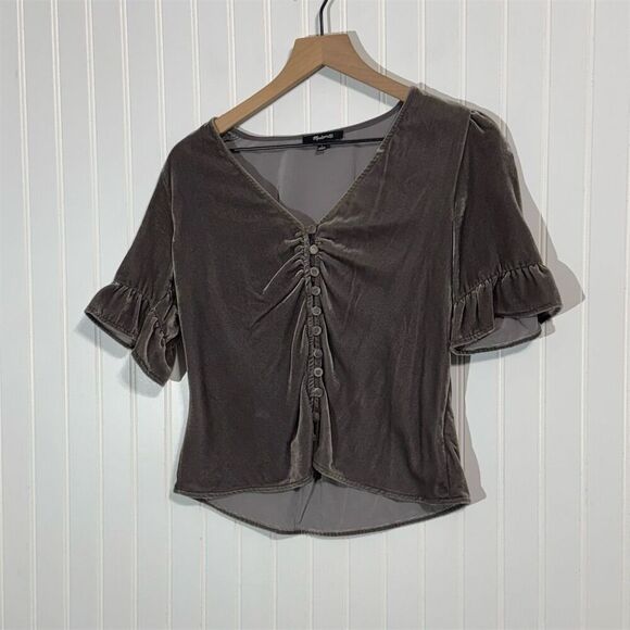 Madewell Gray Velvet Blouse 4 Puff Sleeve Ruffle Ruched Button Front Romanti - Picture 1 of 10
